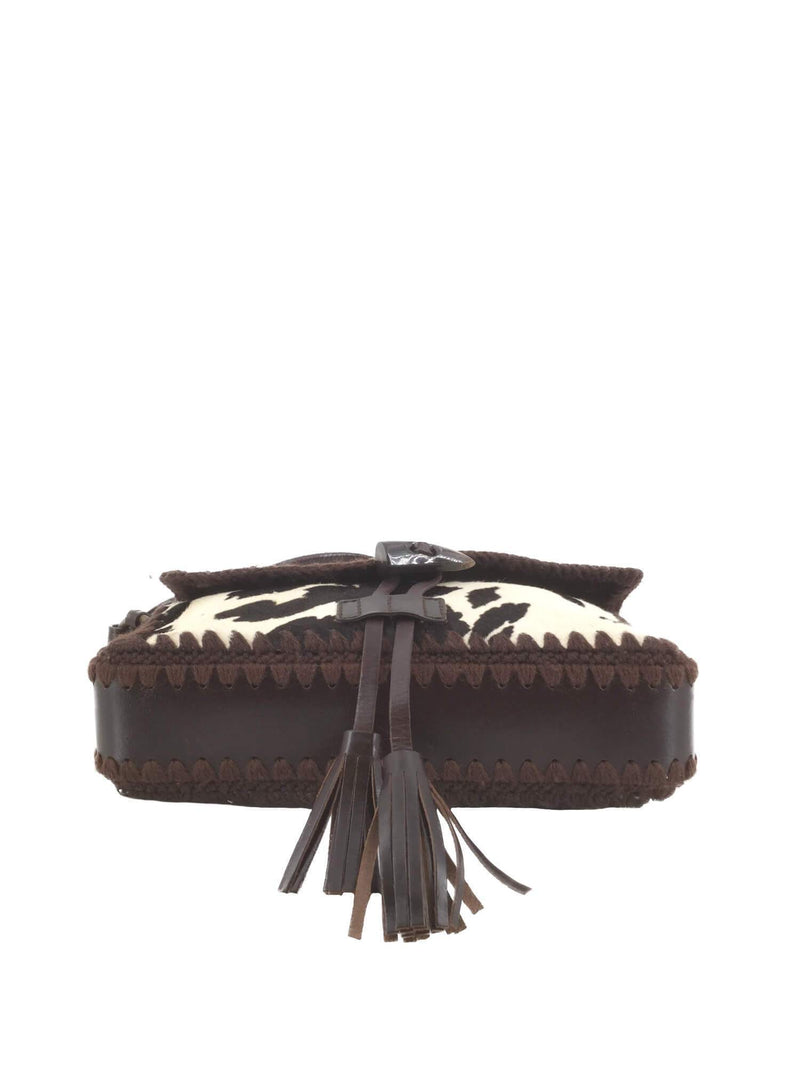Dolce & Gabbana Pony Hair Leather Flap Shoulder Bag Brown White-designer resale
