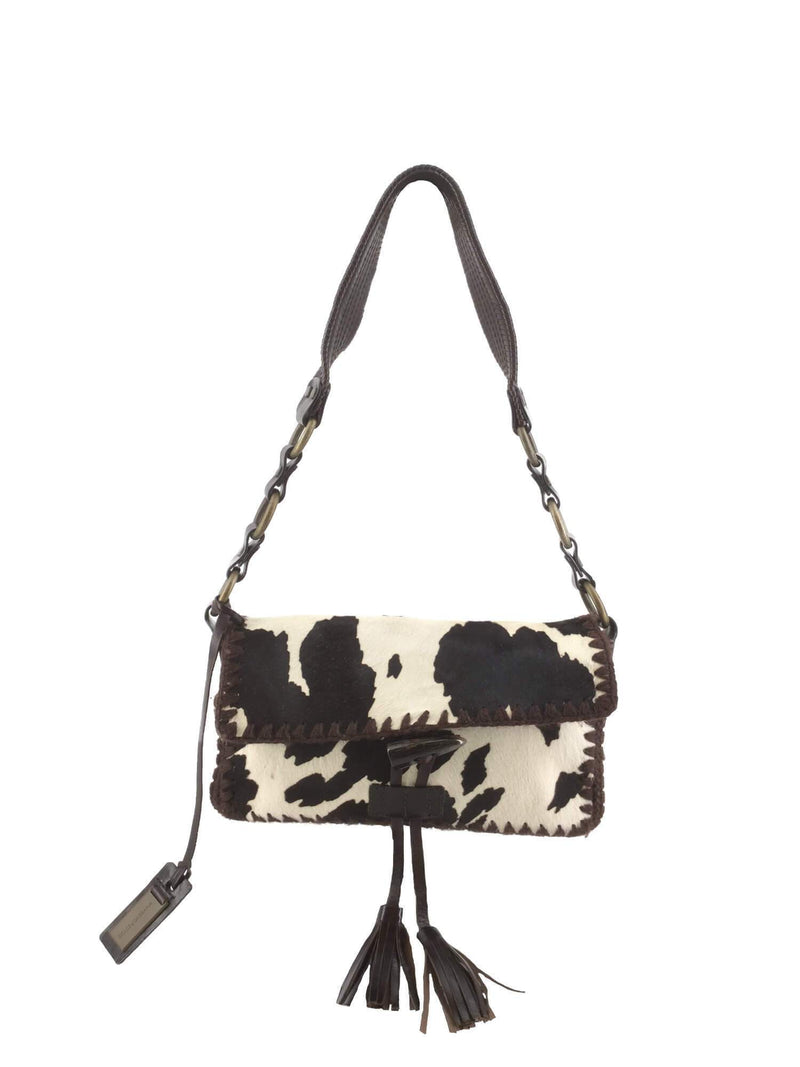 Dolce & Gabbana Pony Hair Leather Flap Shoulder Bag Brown White-designer resale