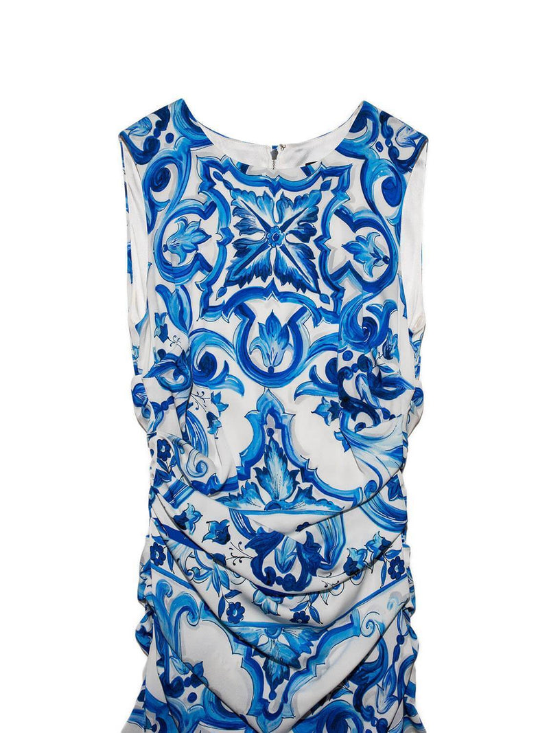 Dolce & Gabbana Silk Midi Ruched Floral Dress Blue Dolce & Gabbana Silk Midi Ruched Floral Dress Blue