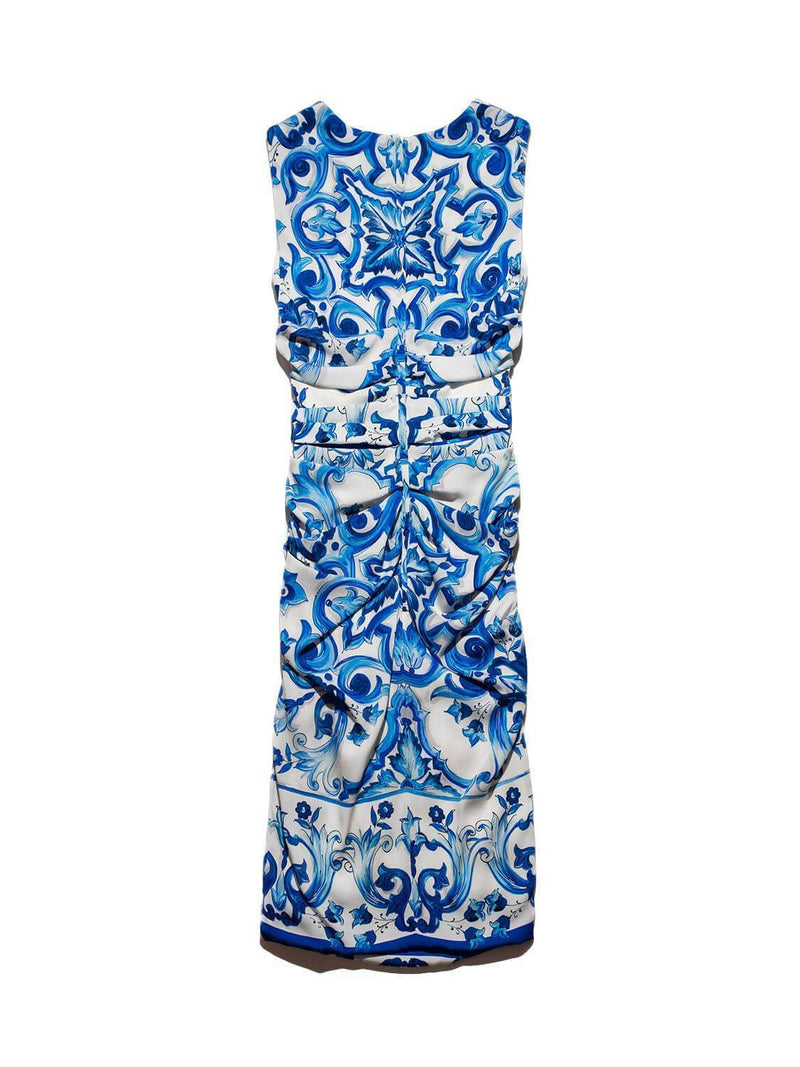 Dolce & Gabbana Silk Midi Ruched Floral Dress Blue