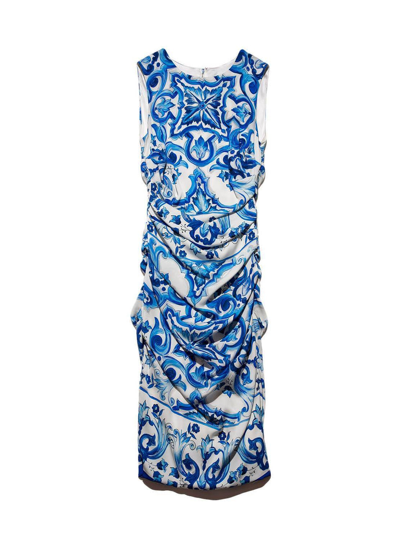 Dolce & Gabbana Silk Midi Ruched Floral Dress Blue Dolce & Gabbana Silk Midi Ruched Floral Dress Blue