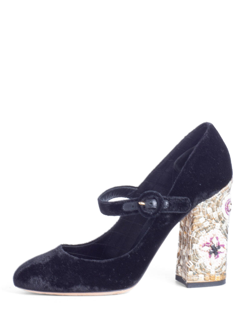 Dolce & Gabbana Velvet Mary Jane Mosaic Block Heels Black-designer resale