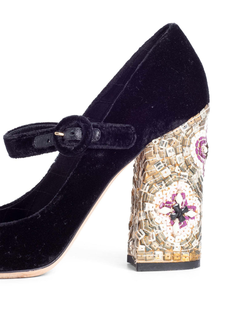 Dolce & Gabbana Velvet Mary Jane Mosaic Block Heels Black-designer resale
