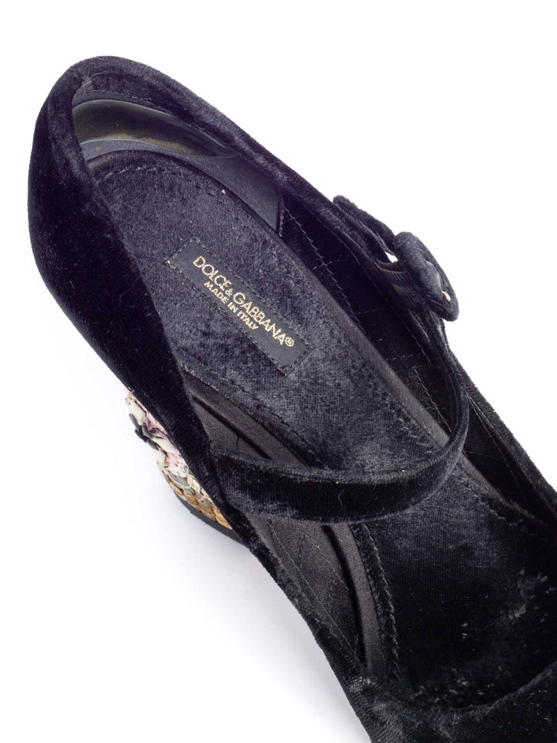 Dolce & Gabbana Velvet Mary Jane Mosaic Block Heels Black-designer resale