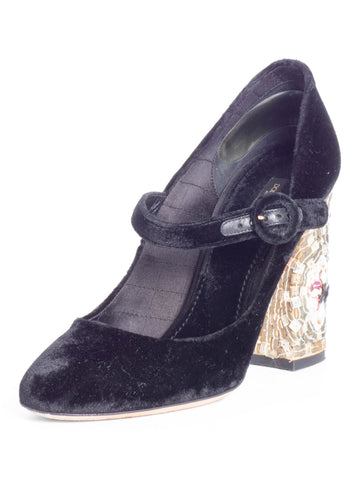 Dolce & Gabbana Velvet Mary Jane Mosaic Block Heels Black-designer resale