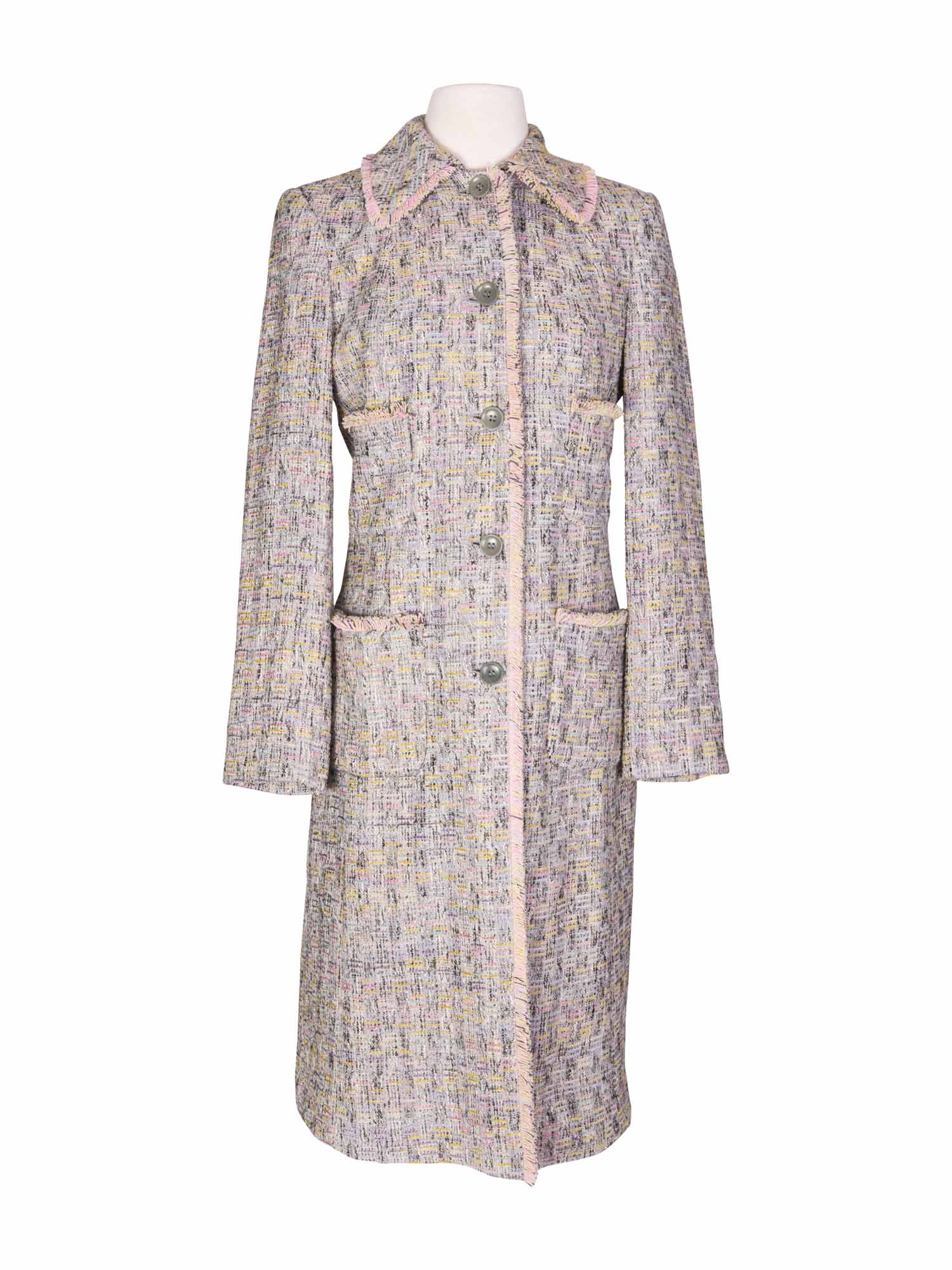 Emanuel Ungaro Tweed Fitted Fringe Coat Beige-designer resale