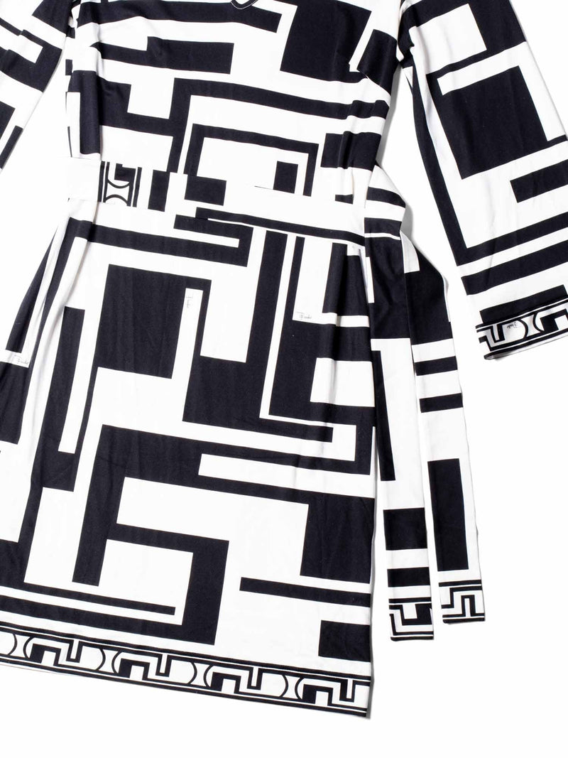 Emilio Pucci Silk House Print Belted Midi Dress Black White-designer resale