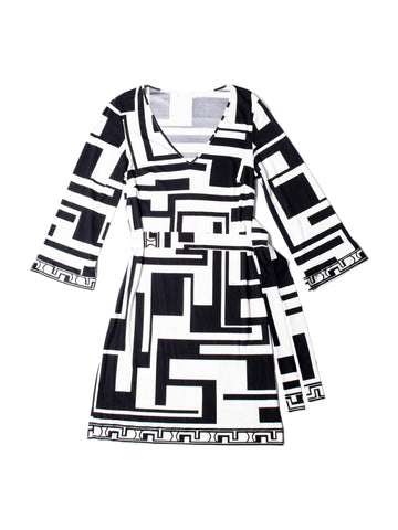 Emilio Pucci Silk House Print Belted Midi Dress Black White-designer resale