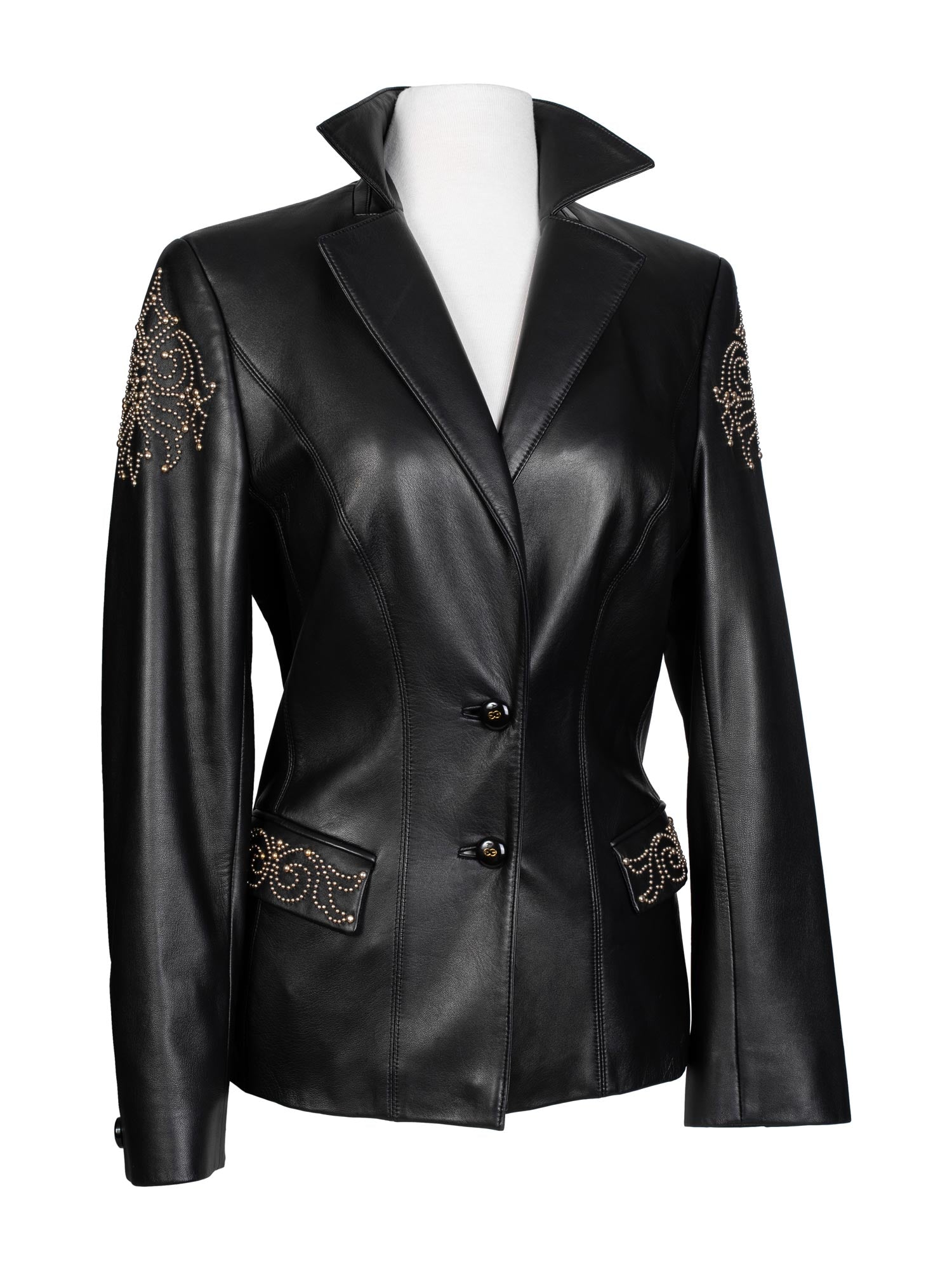 Escada Leather Fitted Studded Jacket Black-designer resale