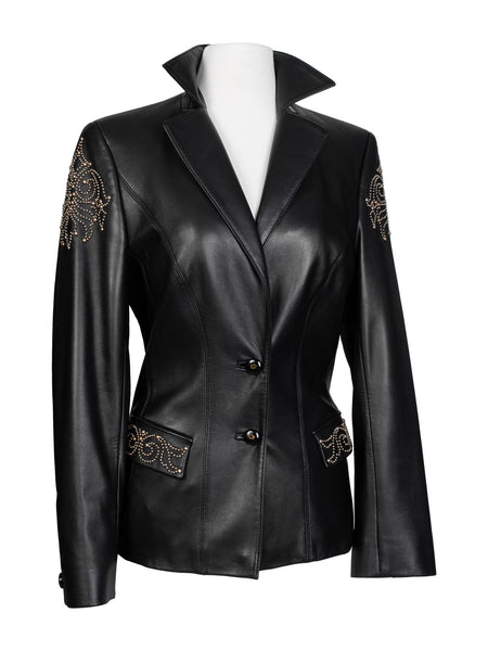 ESCADA ブラック レザージャケット 新品タグ付き Escada Leather Fitted Studded Jacket Black