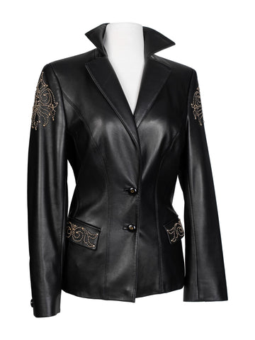 Escada Leather Fitted Studded Jacket Black-designer resale