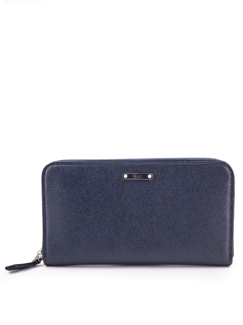 Fendi Grained Leather Zip Around Wallet Blue-designer resale