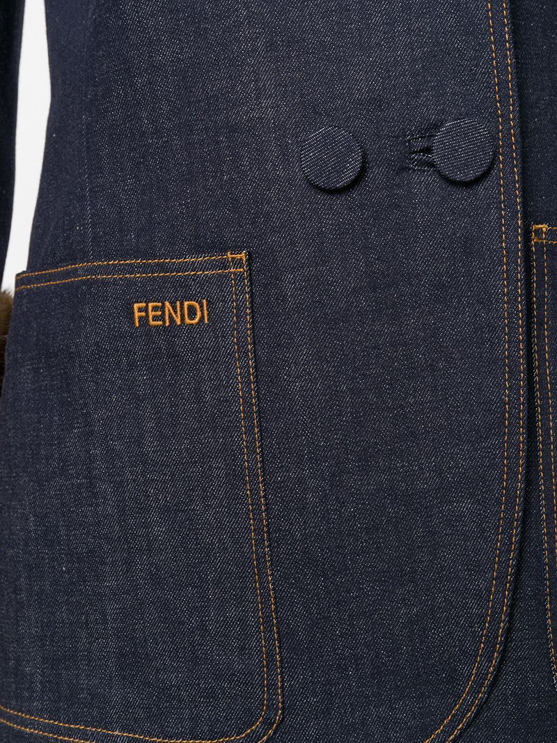 Fendi Mink Cuffs Denim Fitted Jacket Blue-designer resale