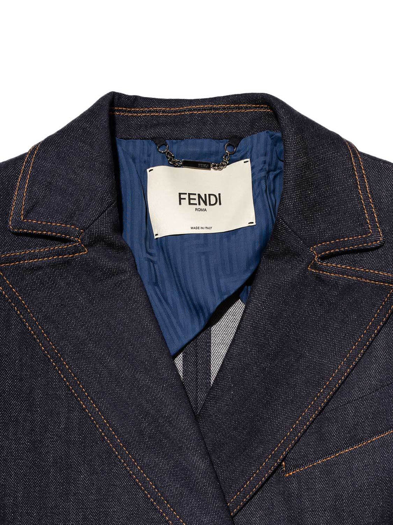 Fendi Mink Cuffs Denim Fitted Jacket Blue-designer resale