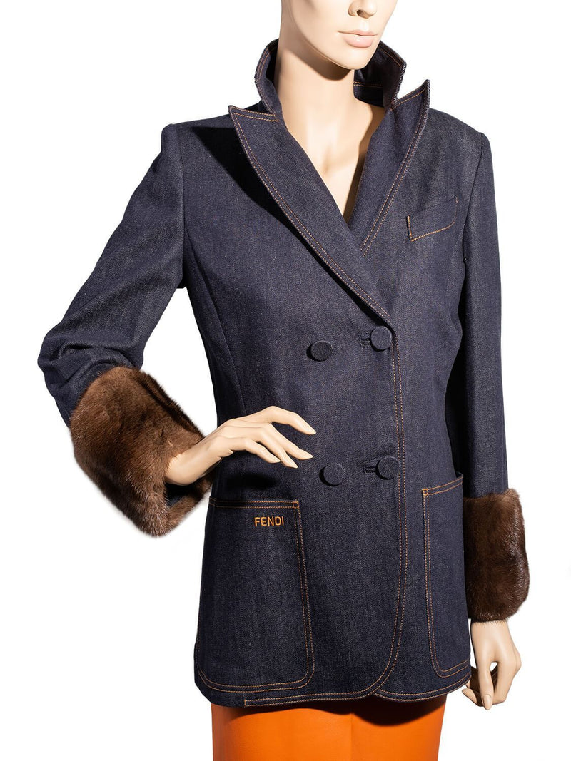 Fendi Mink Cuffs Denim Fitted Jacket Blue-designer resale
