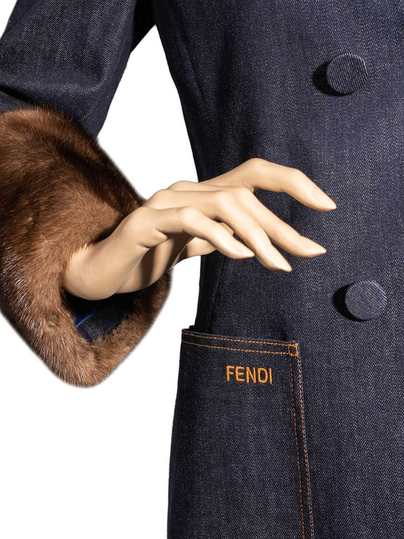Fendi Mink Cuffs Denim Fitted Jacket Blue-designer resale
