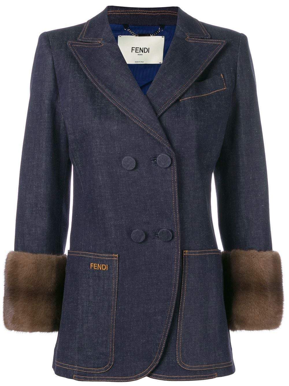 Fendi Mink Cuffs Denim Fitted Jacket Blue-designer resale