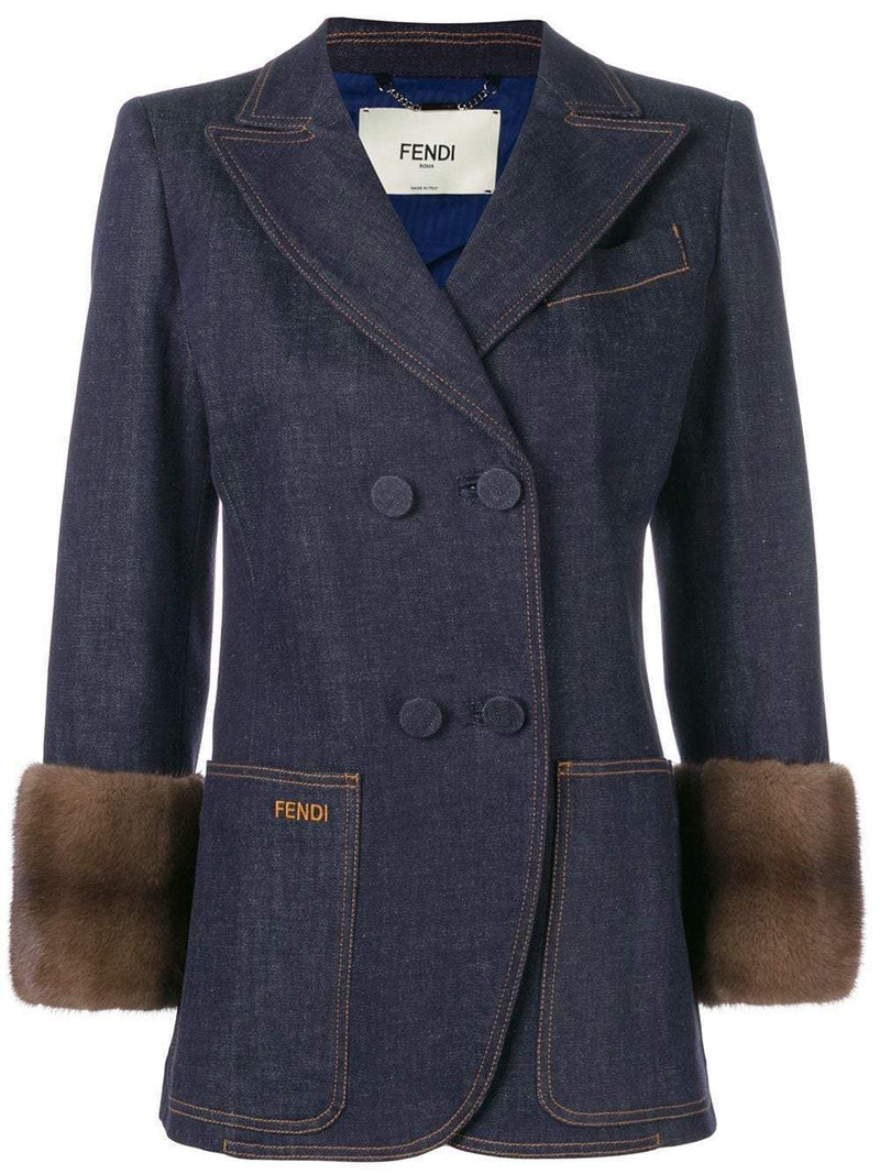 Fendi Mink Cuffs Denim Fitted Jacket Blue-designer resale