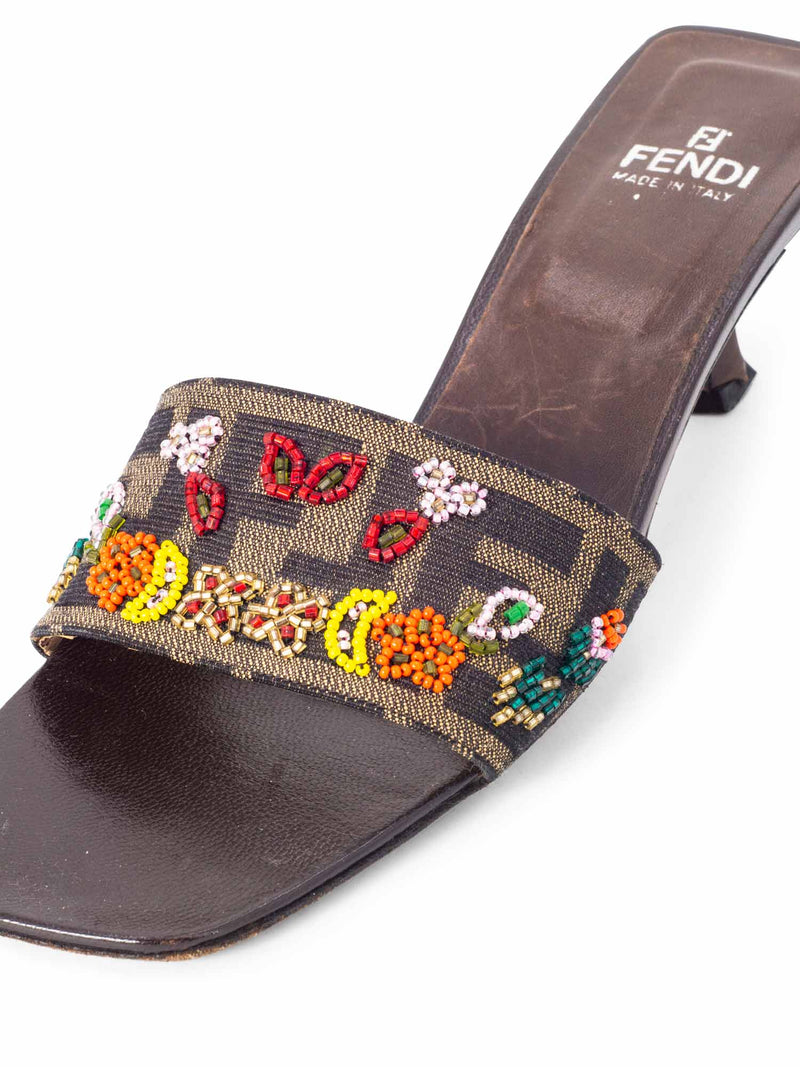 Fendi Monogram Zucca Beaded Kitten Heel Sandals Brown-designer resale