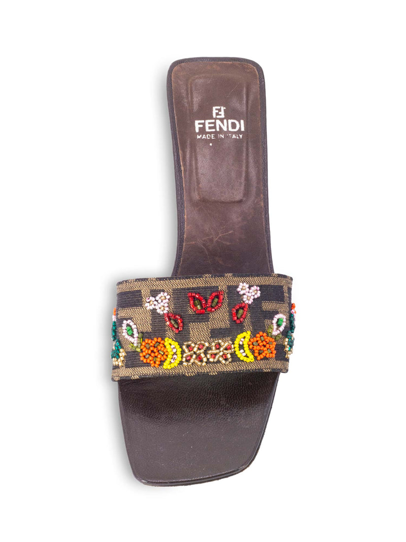 Fendi Monogram Zucca Beaded Kitten Heel Sandals Brown-designer resale
