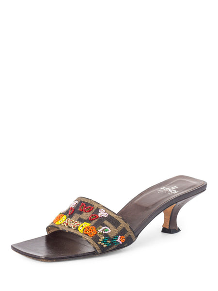 Fendi Monogram Zucca Beaded Kitten Heel Sandals Brown