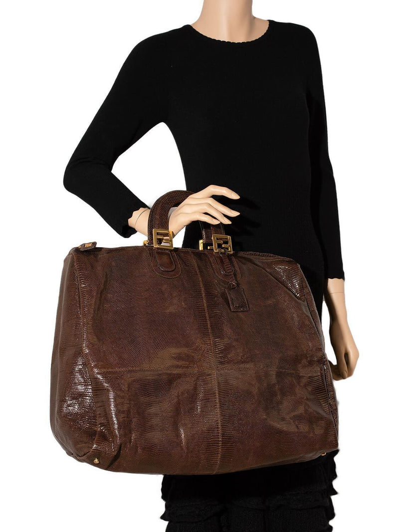 Fendi Shiny Lizard Large Zucca Weekender Travel Bag Brown-designer resale