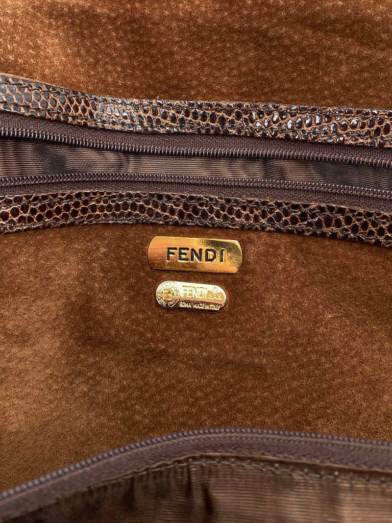 Fendi Shiny Lizard Large Zucca Weekender Travel Bag Brown