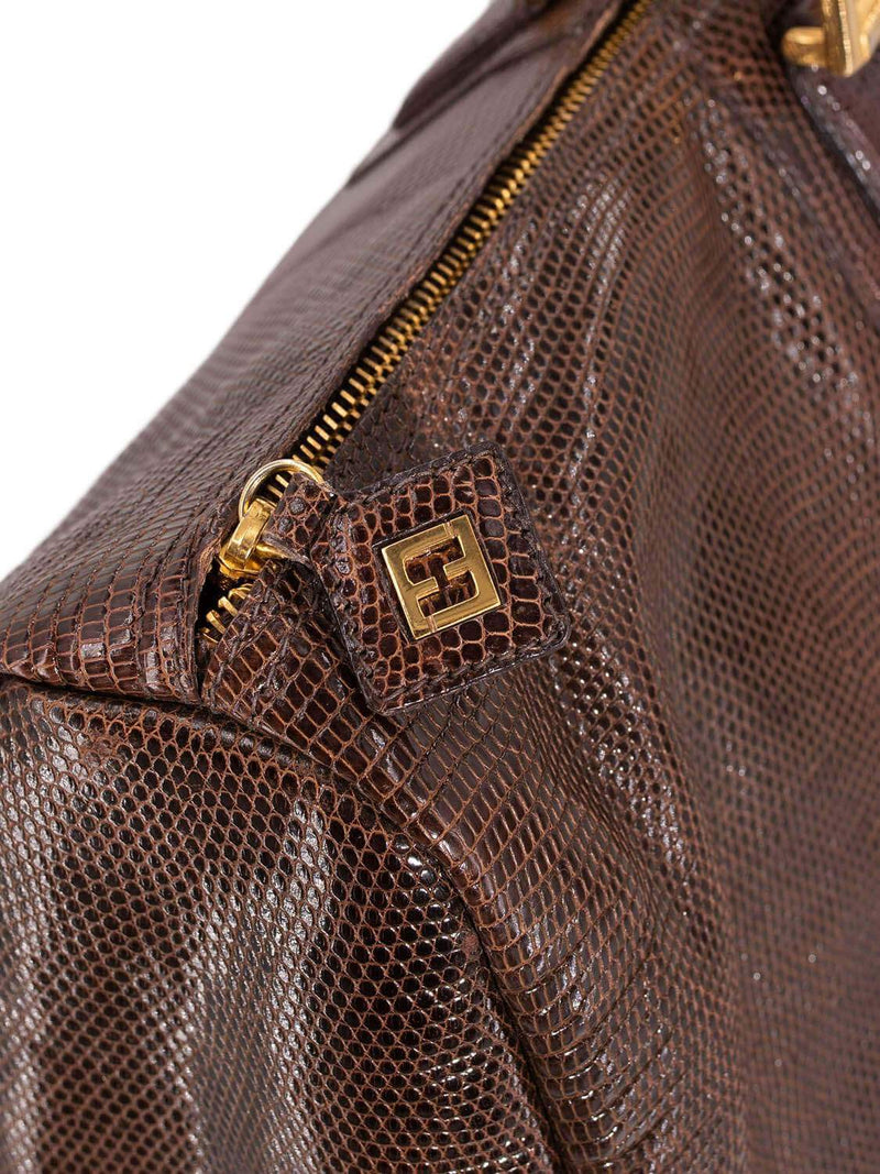 Fendi Shiny Lizard Large Zucca Weekender Travel Bag Brown-designer resale