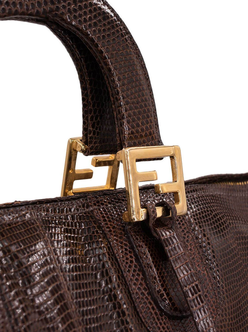 Fendi Shiny Lizard Large Zucca Weekender Travel Bag Brown-designer resale