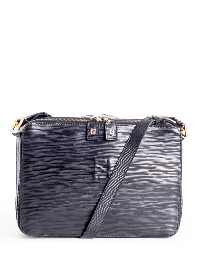 Fendi Vintage Leather Zucca Zip Around Messenger Bag Black-designer resale