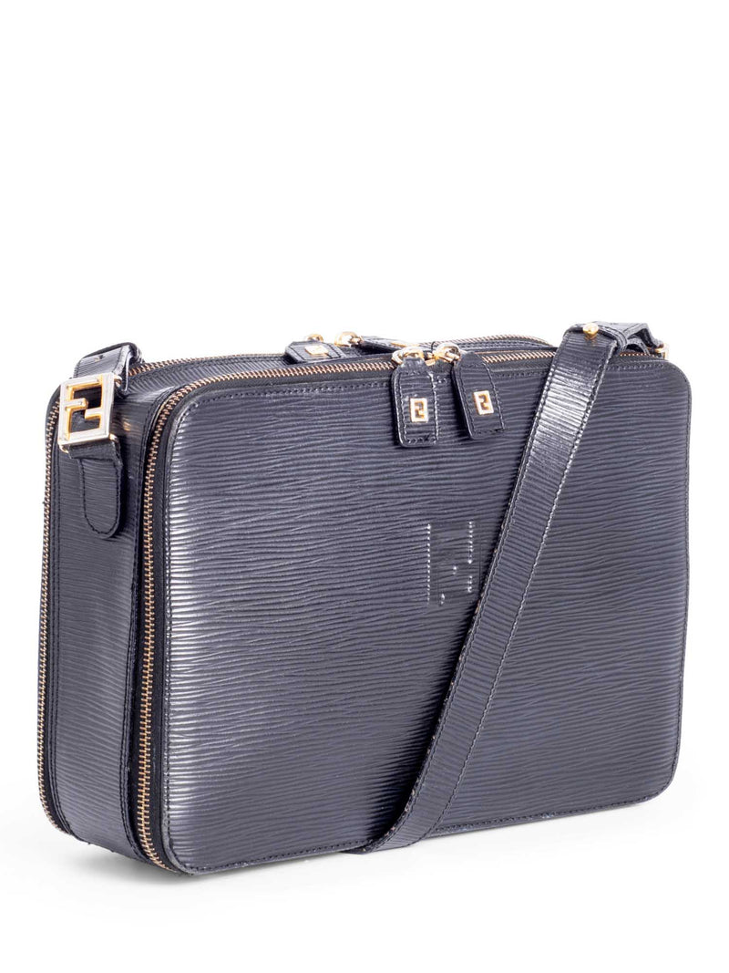 Fendi Vintage Leather Zucca Zip Around Messenger Bag Black