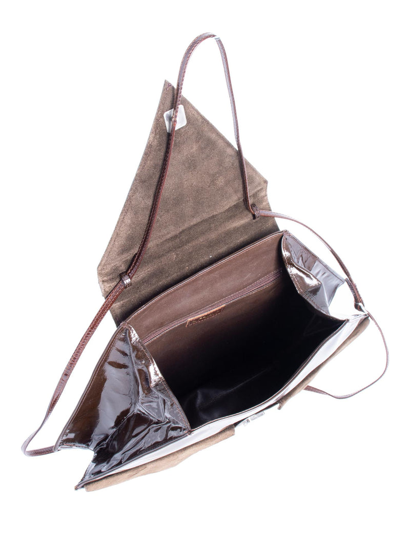 Fendi Vintage Patent Leather Geometric Flap Messenger Bag Brown-designer resale