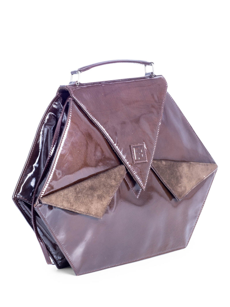 Fendi Vintage Patent Leather Geometric Flap Messenger Bag Brown-designer resale