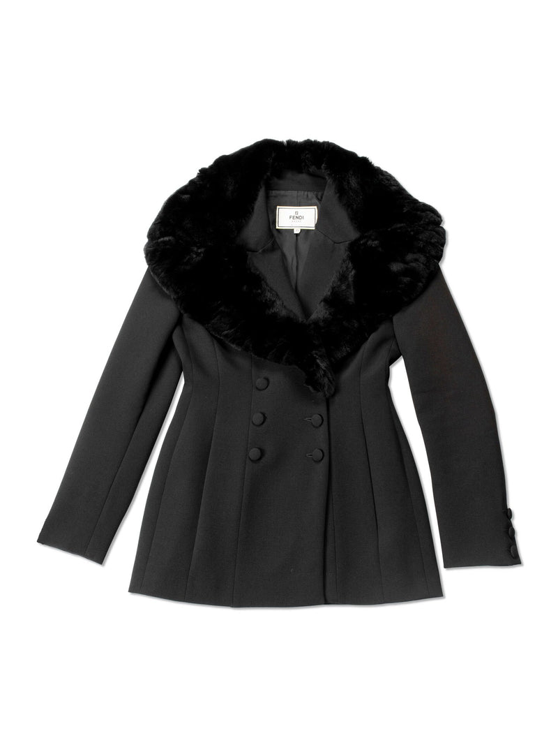 Fendi Wool Fitted Double Breasted Mink Collar Jacket Black-designer resale