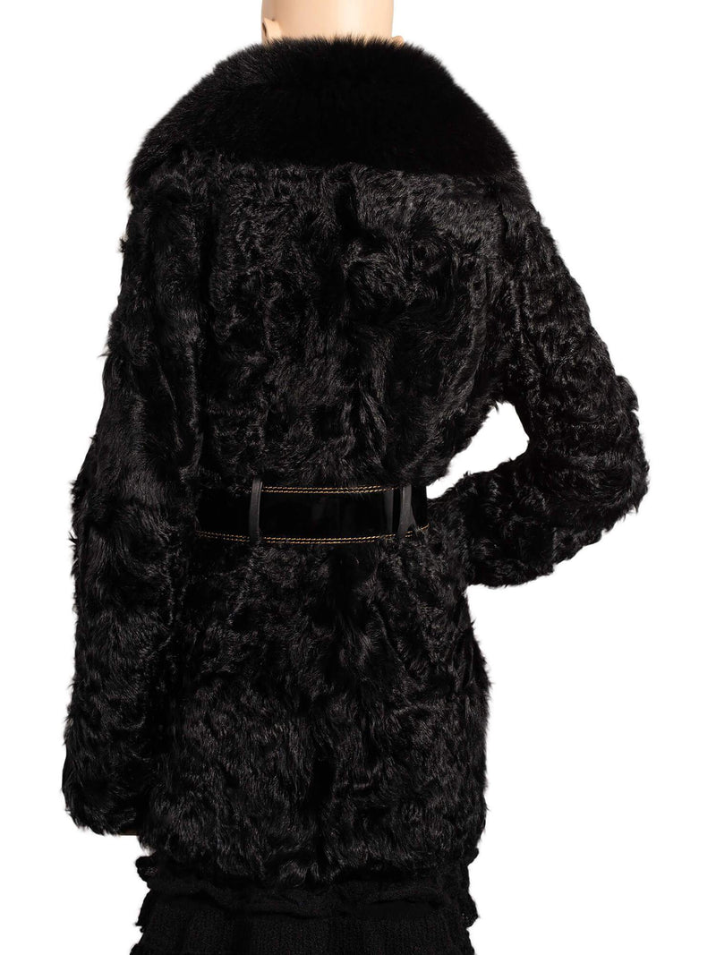 Fendi Zucca Shearling Fox Fur Belted Coat Black-designer resale