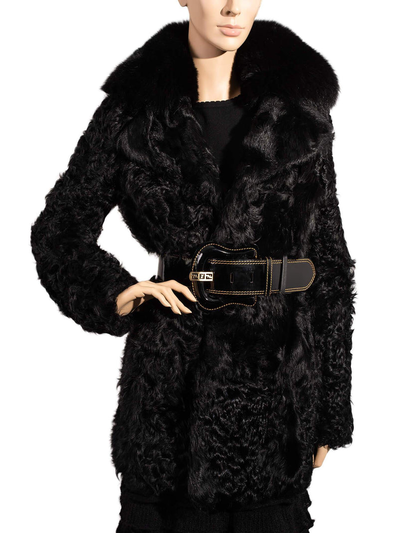 Fendi Zucca Shearling Fox Fur Belted Coat Black-designer resale