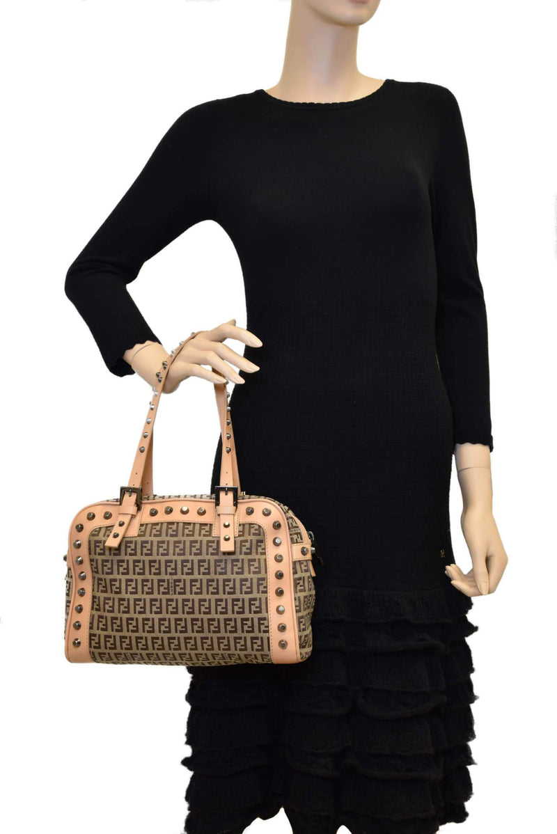 Fendi Zucca Studded Top Handle Bag Brown-designer resale