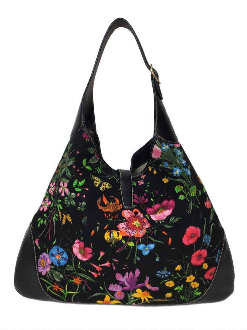 Flora Bouvier Hobo Bag Floral Canvas Black Leather-designer resale