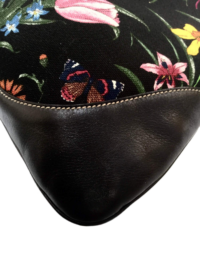 Flora Bouvier Hobo Bag Floral Canvas Black Leather-designer resale