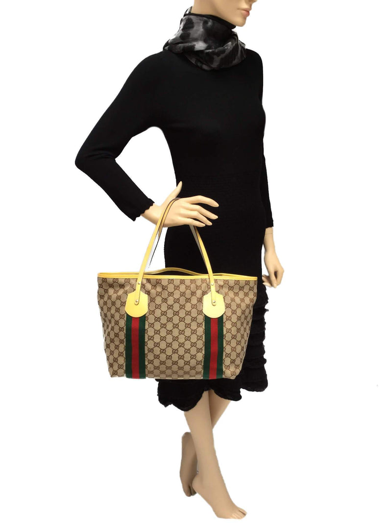 GG Monogram Canvas Classic Brown Tote Bag Red Green Web Stripe-designer resale