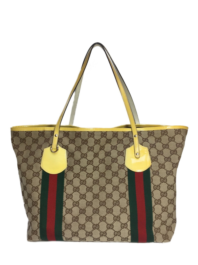 GUCCI Beige GG Monogram Canvas Red Leather Trim & Dual Handle Tote Shopper  Bag