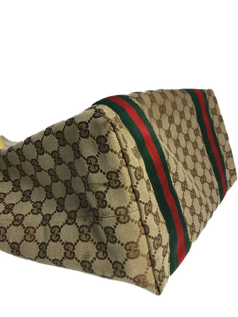 Gucci Vintage Brown Monogram Canvas Leather Red Green Stripe Large Shoulder  Bag