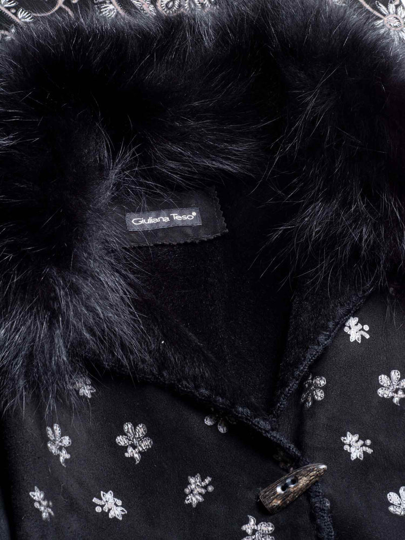 Giuliana Teso Shearling Fox Embroidered Long Coat Black-designer resale