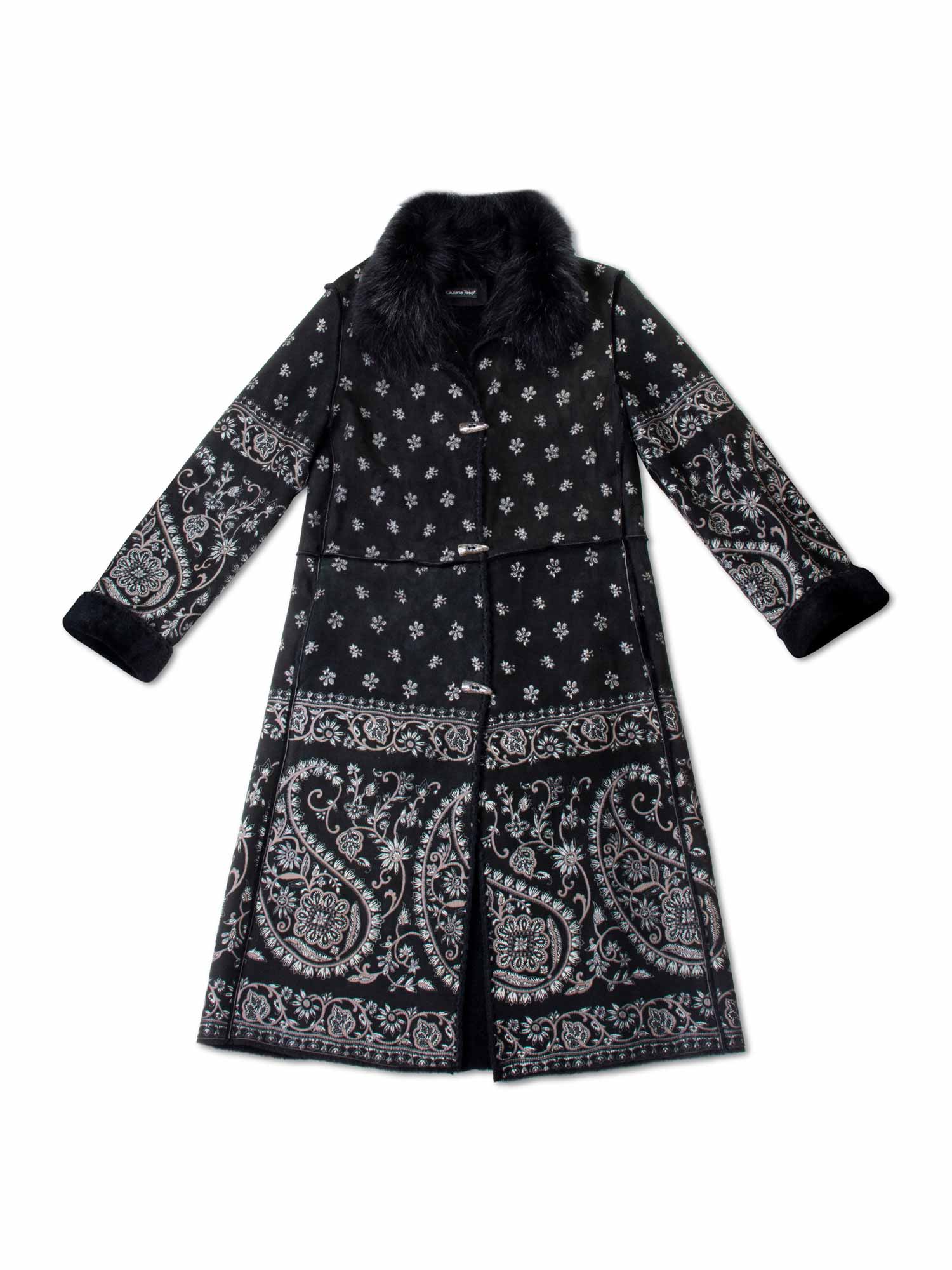 Giuliana Teso Shearling Fox Embroidered Long Coat Black-designer resale