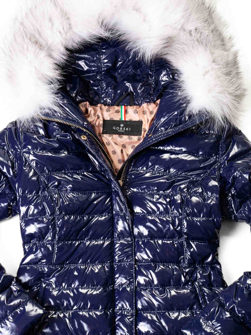 Gorski Shiny Quilted Puffer Coat with Fox Hood Blue-designer resale