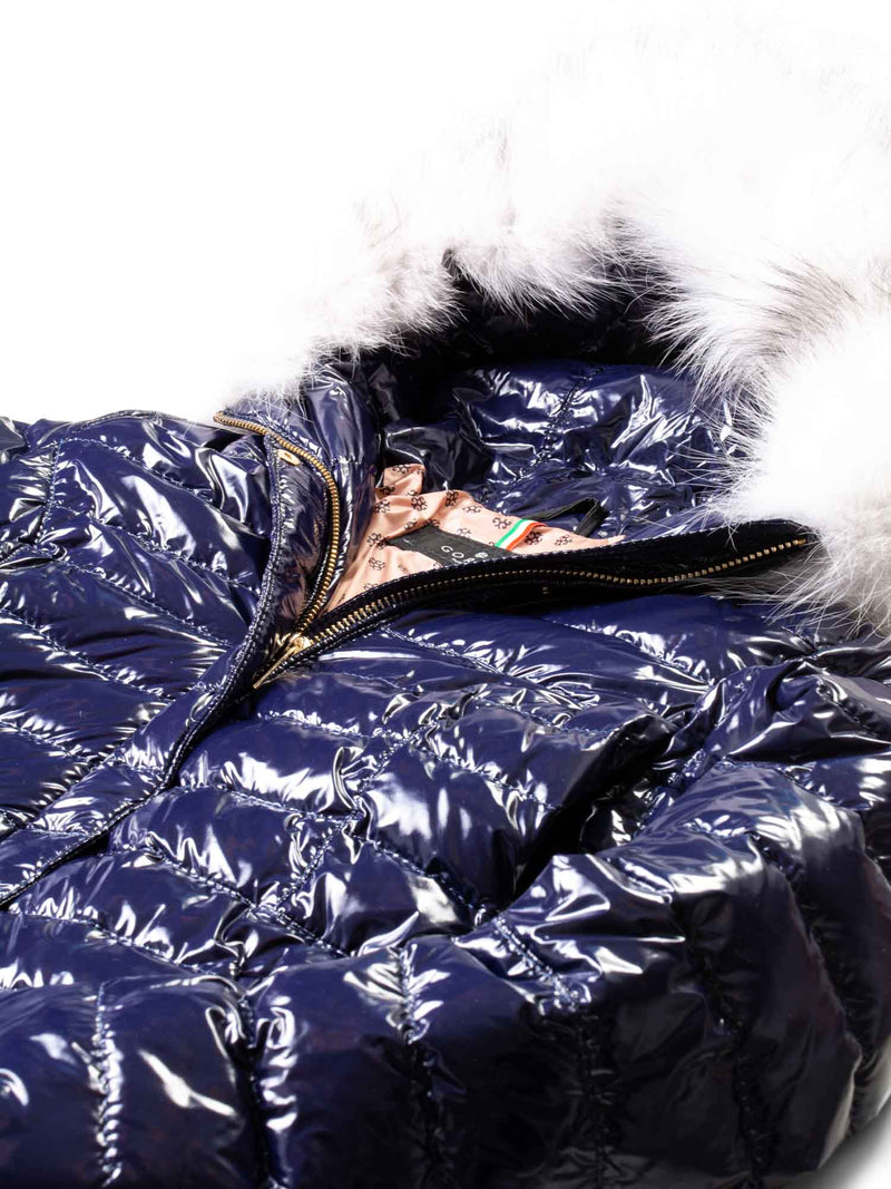 Gorski Shiny Quilted Puffer Coat with Fox Hood Blue-designer resale