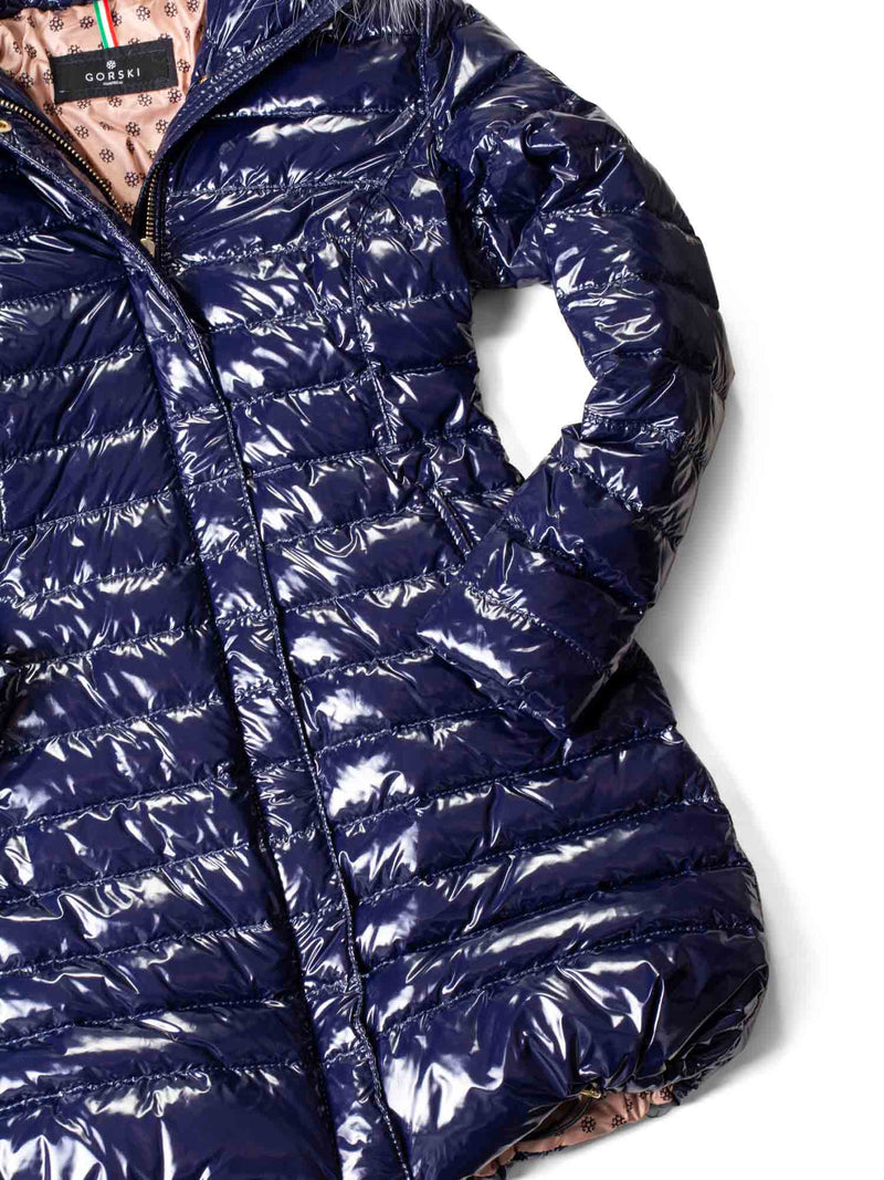 Gorski Shiny Quilted Puffer Coat with Fox Hood Blue-designer resale