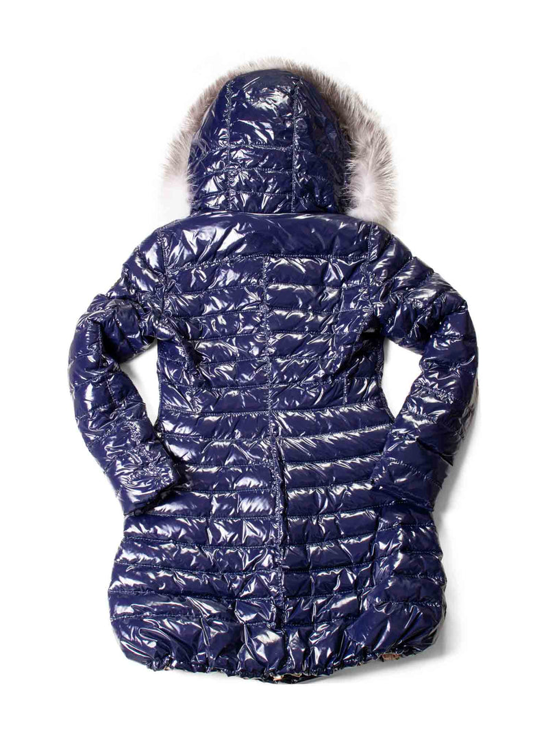 Gorski Shiny Quilted Puffer Coat with Fox Hood Blue-designer resale