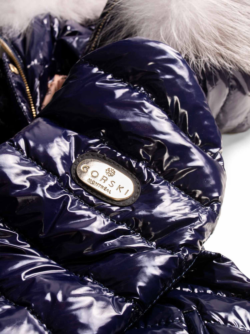 Gorski Shiny Quilted Puffer Coat with Fox Hood Blue-designer resale