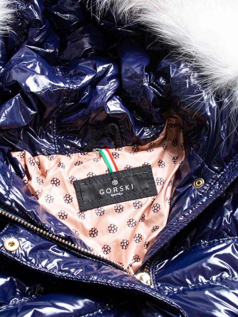 Gorski Shiny Quilted Puffer Coat with Fox Hood Blue-designer resale